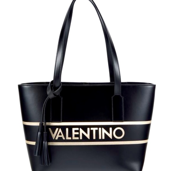 Brand New Valentino by Mario Prince Logo Tote Black Leather Dust Bag BEAUTIFUL! - Picture 1 of 9